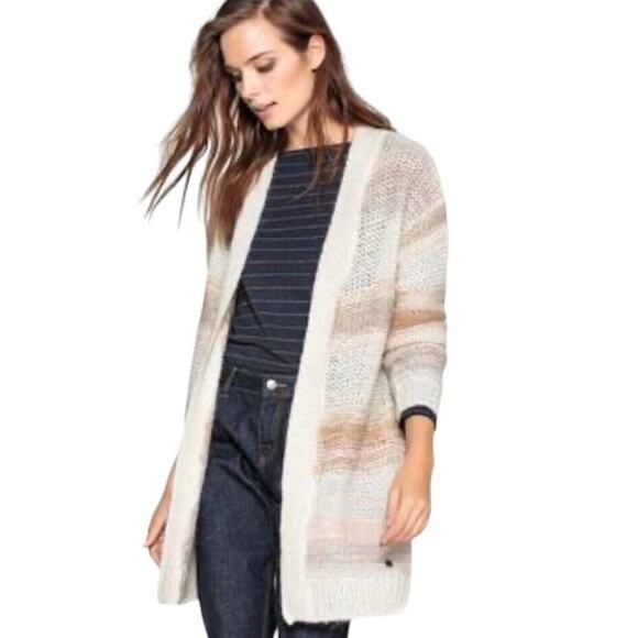 Anthropologie Numph Open Front Long Cardigan XS Stripe Cream Chunky Knit Mohair - Picture 15 of 16